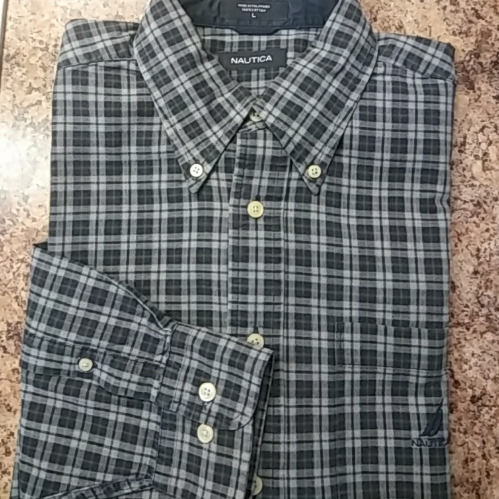 Nautica Button Down Shirt Blue Plaid Large Men